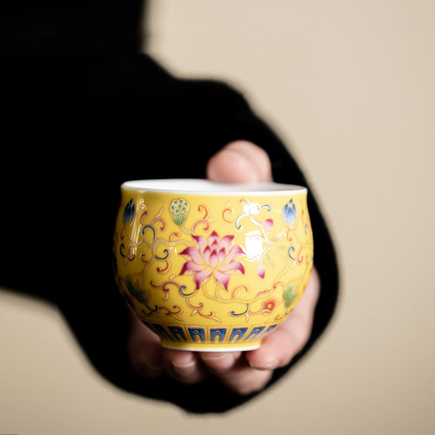 Buddha Stones Lotus Flower Pod Pattern Ceramic Teacup Kung Fu Tea Cup 80ml Cup BS Yellow Lotus Cup 6.3cm*4.8cm*80ml