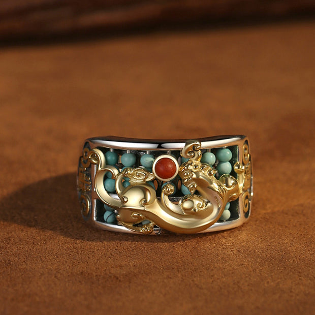 Buddha Stones 925 Sterling Silver Turquoise Red Agate PiXiu Abacus Protection Ring Ring BS 7