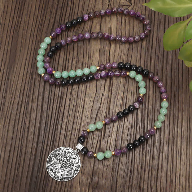 Buddha Stones 108 Mala Beads Amethyst Green Aventurine Lotus Meditation Bracelet Mala Bracelet BS 7