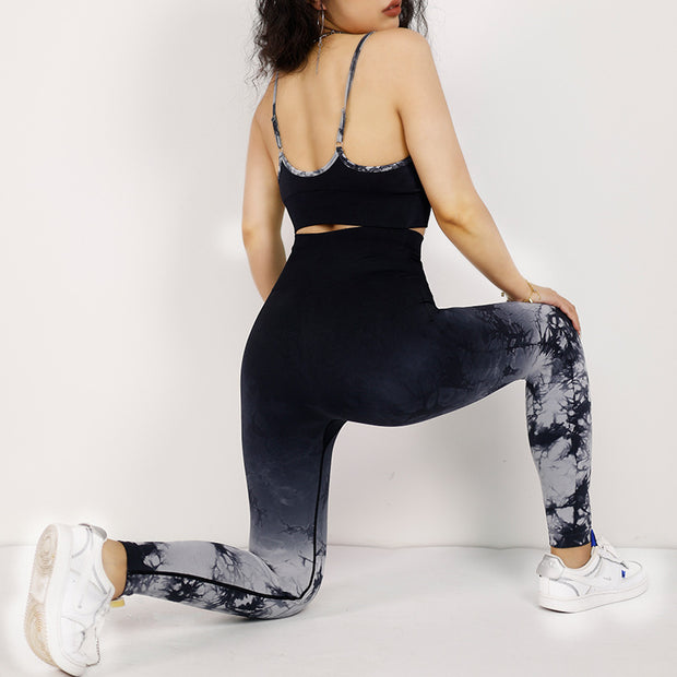 Buddha Stones 2Pcs Simple Tie Dye Print Crop Tank Top High Waist Pants Sports Gym Outfits Women's Yoga Sets