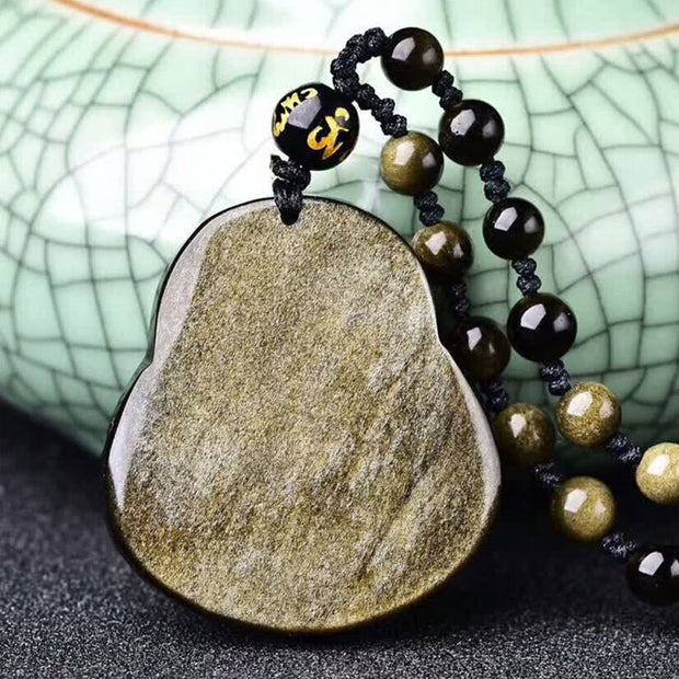 Buddha Stones Laughing Buddha Gold Sheen Obsidian Wealth Necklace Pendant Necklaces & Pendants BS 4
