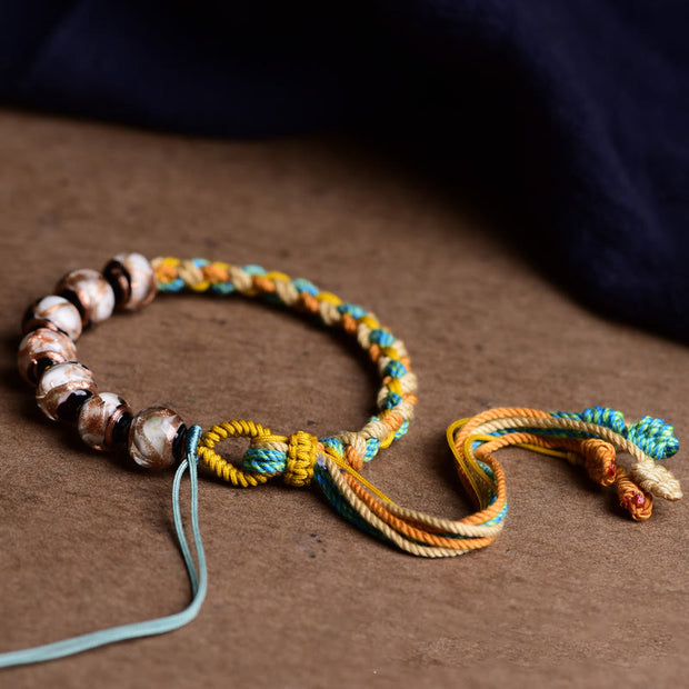 Buddha Stones Handmade Multicolored Rope Liuli Glass Bead Fortune Braided Bracelet