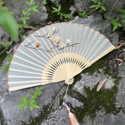 Buddha Stones Butterfly Flowers Nine-Tailed Fox Crane Embroidery Handheld Silk Bamboo Folding Fan