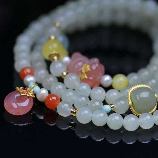 Buddha Stones Natural Hetian Jade Pink Crystal Peace Buckle Happiness Abundance Bracelet Bracelet BS 4