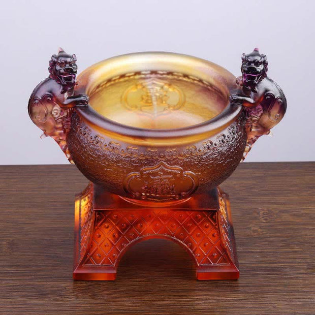 Buddha Stones Handmade Liuli Crystal PiXiu Treasure Bowl Art Piece Home Decoration
