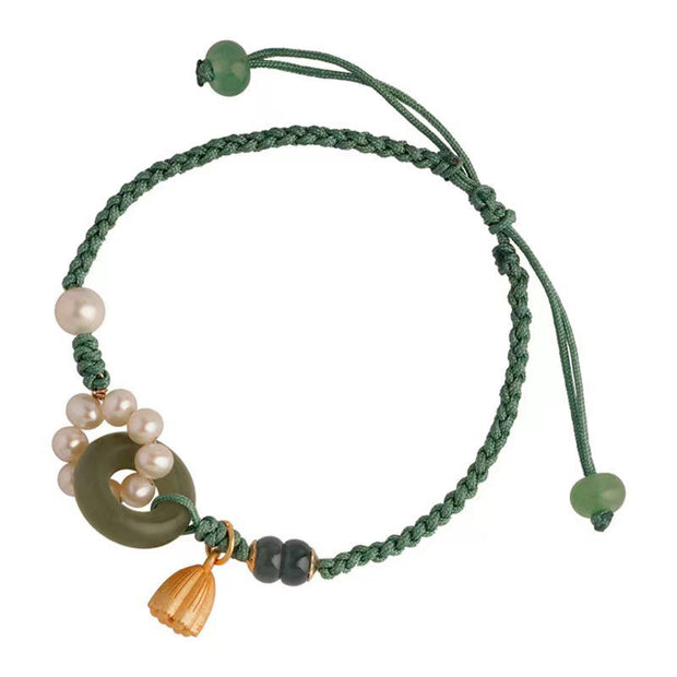 Buddha Stones Natural Hetian Jade Peace Buckle Pearl Luck Handcrafted Braided Bracelet Bracelet BS 7