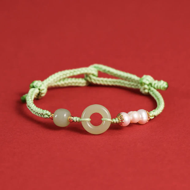 Buddha Stones Natural Hetian Jade Pearl Peace Buckle Luck Bracelet Bracelet BS Green