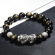 Buddha Stones 925 Sterling Silver Natural Gold Sheen Obsidian PiXiu Wealth Protection Bracelet Bracelet BS 1