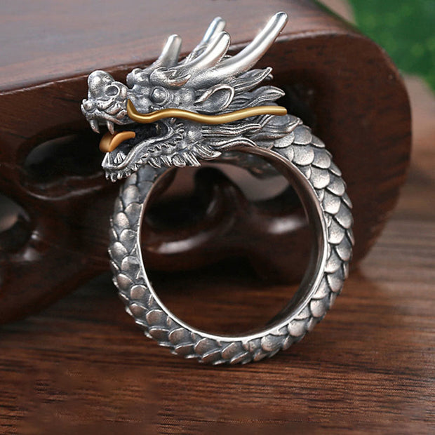 Buddha Stones 925 Sterling Silver Vintage Dragon Design Protection Strength Adjustable Ring