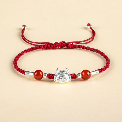 Buddha Stones 999 Sterling Silver Year of the Dragon Fu Character Dumpling Red Agate Luck Handcrafted Bracelet Bracelet BS Red Agate Dark Red Rope Bracelet(Wrist Circumference 14-19cm)