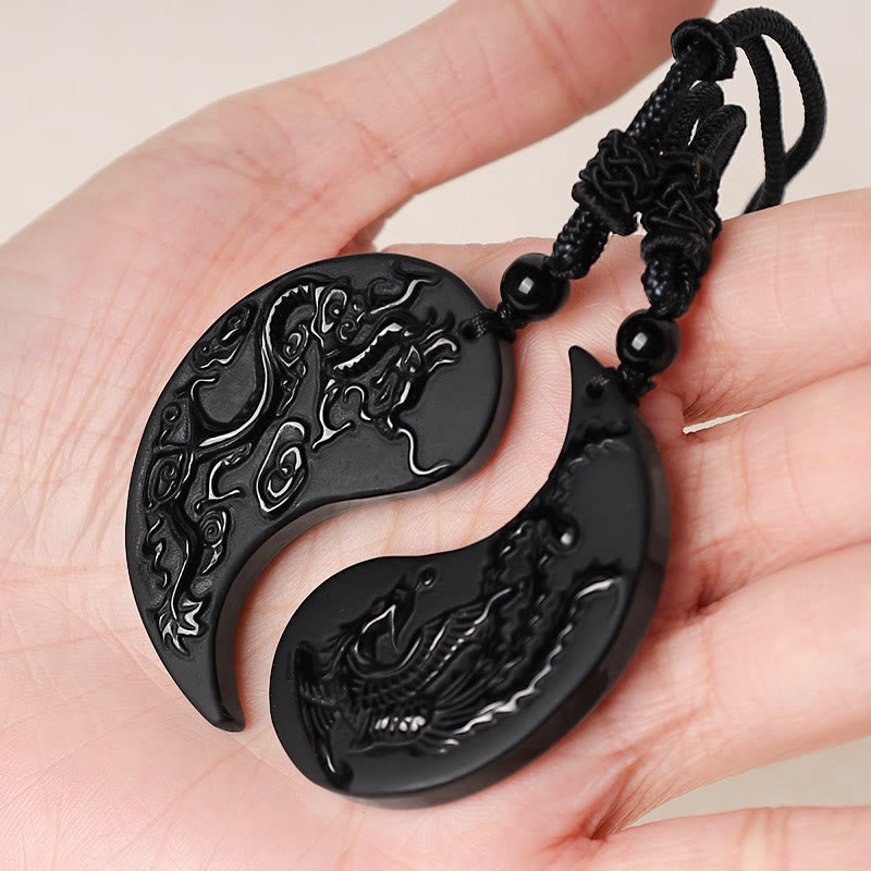 Buddha Stones Black Obsidian Yin Yang Dragon Phoenix Luck Necklace