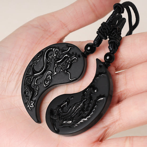 Buddha Stones Black Obsidian Yin Yang Dragon Phoenix Luck Necklace Pendant Necklaces & Pendants BS 3