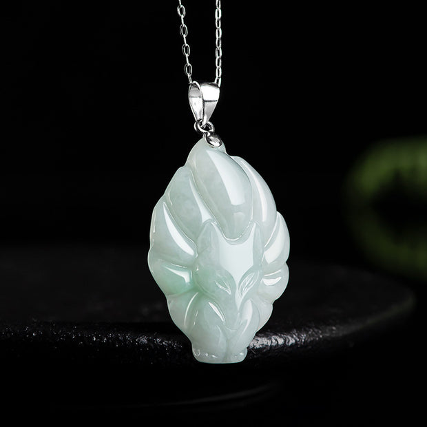 Buddha Stones 925 Sterling Silver Natural Jade Nine Tailed Fox Prosperity Necklace Pendant Necklaces & Pendants BS 1