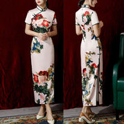 Buddha Stones Vintage Lotus Magnolia Peony Flower Pattern Cheongsam Dress Women's Qipao Dress