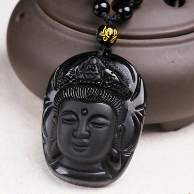 Buddha Stones Natural Black Obsidian Kwan Yin Avalokitesvara Strength String Necklace Pendant Necklaces & Pendants BS 6