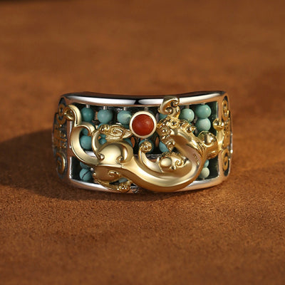 Buddha Stones 925 Sterling Silver Turquoise Red Agate PiXiu Abacus Protection Ring