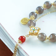 Buddha Stones Natural Gray Agate Fu Character Pearl Tassel Balance Bracelet