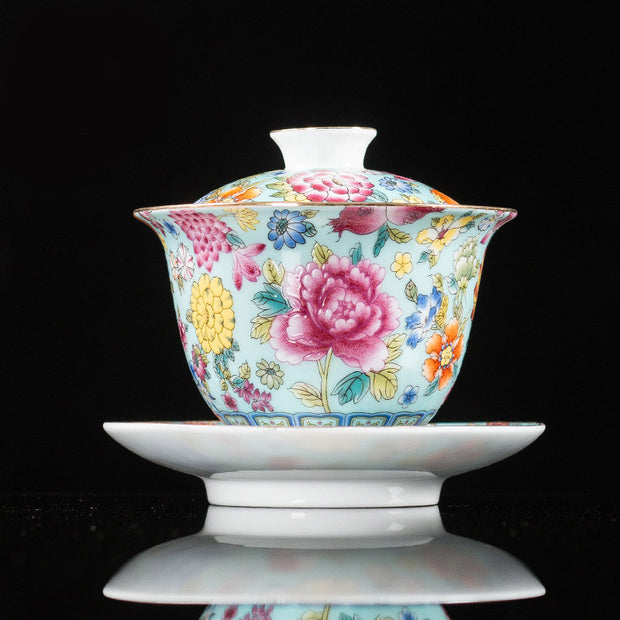 Buddha Stones Peony Flowers Ceramic Gaiwan Sancai Teacup Kung Fu Tea Cup And Saucer With Lid
