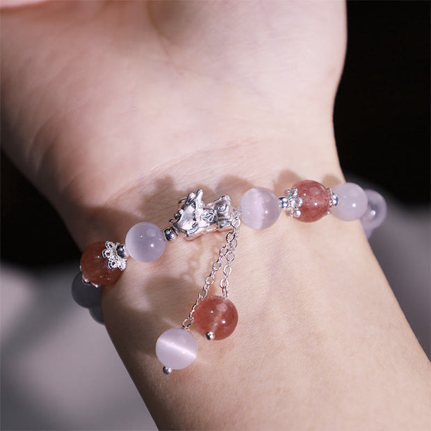 Buddha Stones Natural Cat's Eye Moonstone Strawberry Quartz PiXiu Support Bracelet Bracelet BS 10