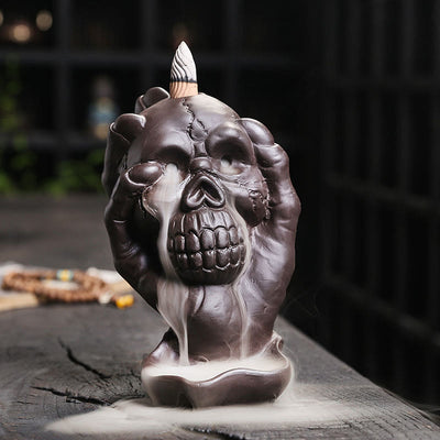 Buddha Stones Halloween Skull With Ghost Hand Purple Clay Spiritual Incense Burner Decoration