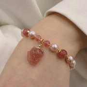 Buddha Stones Natural Pearl Strawberry Quartz Cute Fox Love Healing Charm Bracelet