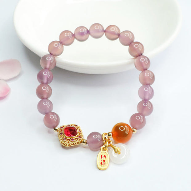 Buddha Stones Natural Purple Chalcedony Candy Agate Peace Buckle Harmony Lucky Fortune Charm Bracelet Bracelet BS 3