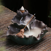 Buddha Stones Lotus Flower Leaf Frog Butterfly Pattern Healing Ceramic Incense Burner Decoration Incense Burner BS 13