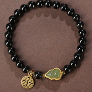 Buddha Stones Natural Black Obsidian Hetian Jade Gourd Double Happiness Strength Bracelet Bracelet BS 8