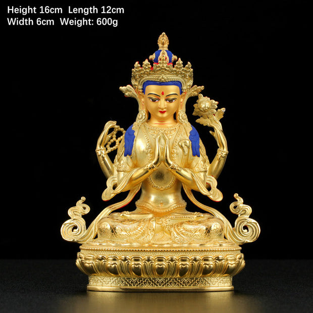 Buddha Stones Chenrezig Four-armed Avalokitesvara Protection Copper Gold Plated Statue Decoration Decorations BS 5 Inch