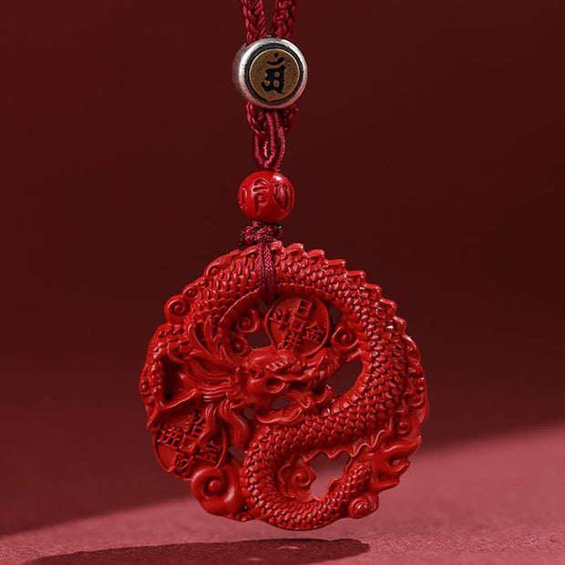 Buddha Stones Year of the Dragon 925 Sterling Silver Natural Cinnabar Copper Coin Luck Necklace Pendant Necklaces & Pendants BS Red Rope Small 34.5mm