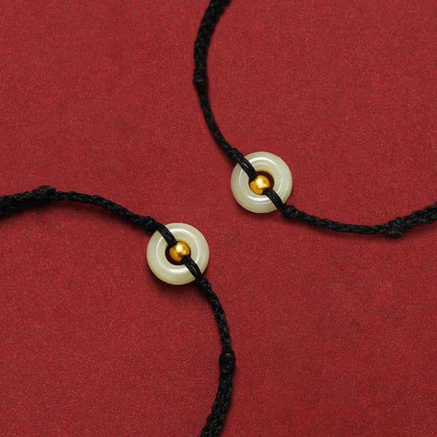 Buddha Stones 999 Gold Bead Round Peace Buckle Hetian Jade Luck Abundance Braided Bracelet Anklet Bracelet BS 8