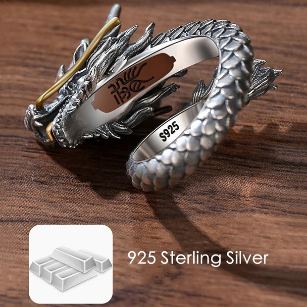 Buddha Stones 925 Sterling Silver Vintage Dragon Design Protection Strength Adjustable Ring