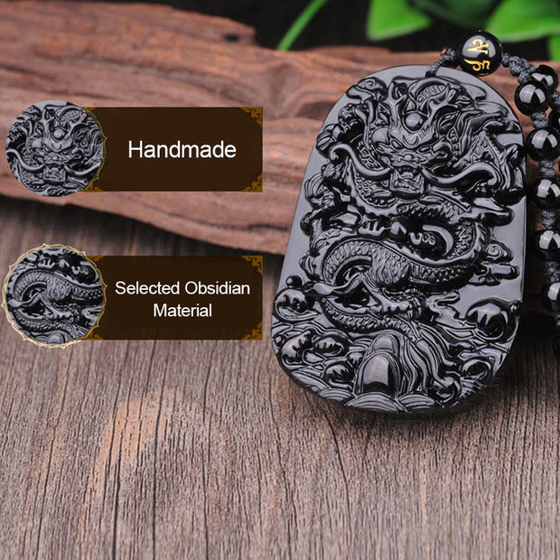Buddha Stones Black Obsidian Stone Dragon Fulfilment Pendant Necklace Necklaces & Pendants BS 7