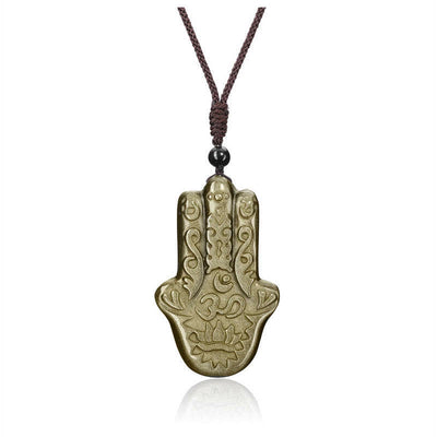 Buddha Stones Natural Obsidian Carved Gemstone Wolf Tiger Hamsa Owl Tree of Life Amulet Talisman Protection Necklace Necklaces & Pendants BS HAMSA