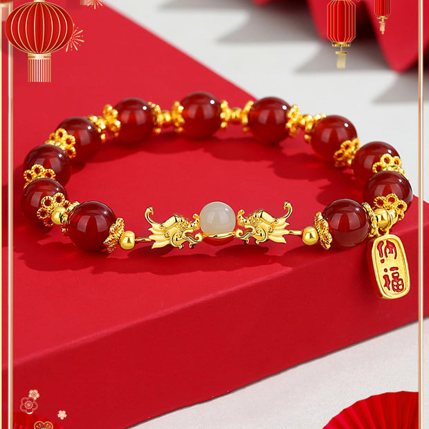 Buddha Stones 925 Sterling Silver Year of the Dragon Natural Red Agate Hetian Jade Fu Character Charm Strength Bracelet Bracelet BS 3