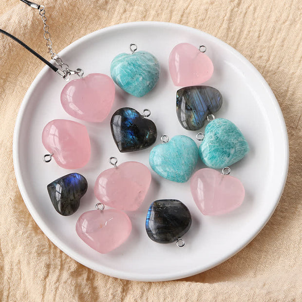 Buddha Stones Labradorite Amazonite Pink Crystal Love Heart Support Necklace Pendant Necklaces & Pendants BS 12