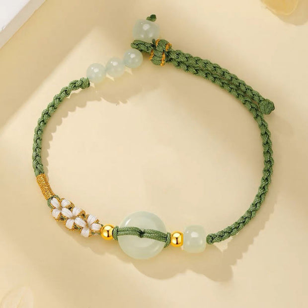 Buddha Stones Hetian Jade Peace Buckle Luck Peach Blossom Braided Bracelet Bracelet BS 1