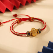 Buddha Stones 925 Sterling Silver Baby Dragon Luck Strength Handmade Braided Bracelet Bracelet BS Red Beige Rope(Wrist Circumference 15-23cm)