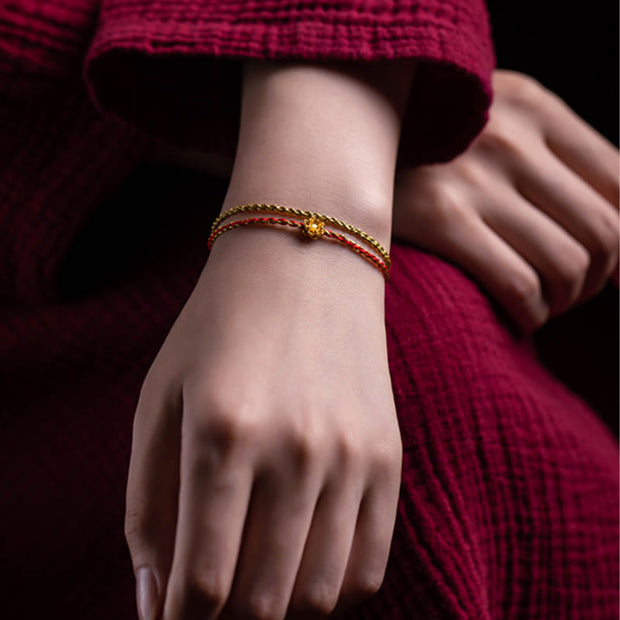 Buddha Stones 999 Gold Lotus Handmade Blessing Braid String Double Layer Bracelet Bracelet BS 3