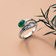 Buddha Stones 925 Sterling Silver Jade Feather Prosperity Adjustable Ring Rings BS Jade