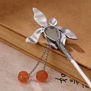 Buddha Stones 925 Sterling Silver Natural Hetian Jade Leaf Prosperity Charm Hairpin Decorations BS 5