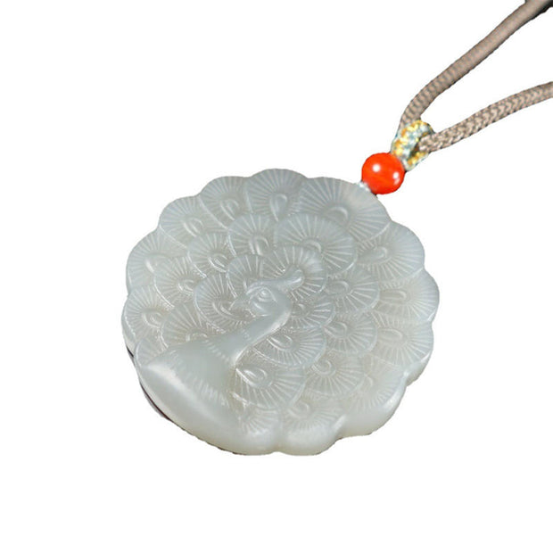 Buddha Stones White Jade Peacock Protection Blessing Necklace Pendant Necklaces & Pendants BS 6