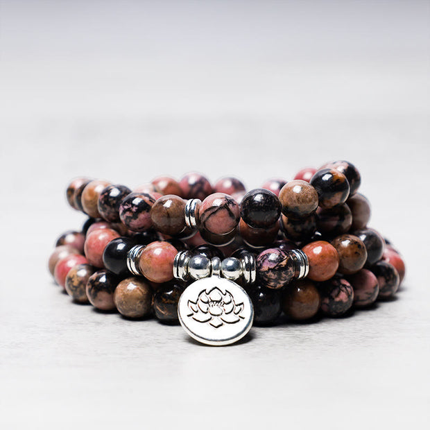 Buddha Stones 108 Mala Beads Rhodonite Lotus Compassion Energy Bracelet Mala Bracelet BS 1