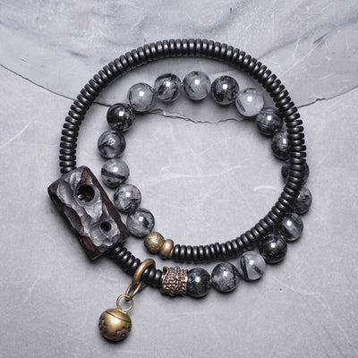 Buddha Stones Black Rutilated Quartz Ebony Wood Copper Wisdom Couple Bracelet Bracelet BS 18cm