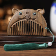 Buddha Stones Chinese Zodiac Green Sandalwood Peace Mini Portable Comb Comb BS Chacate Preto Wood Pig