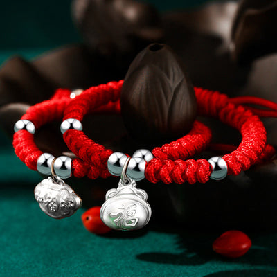 Buddha Stones 925 Sterling Silver Handmade Fu Character Lucky Money Bag Chinese Lock Charm Bell Lotus Copper Coin King Kong Knot Braided Kids Bracelet