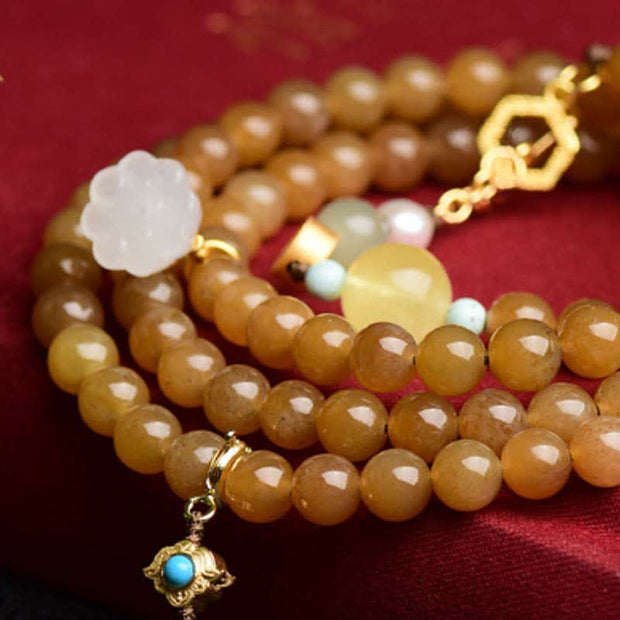 Buddha Stones Natural Hetian Topaz Amber Lotus White Jade Pearl Success Bracelet Bracelet BS 5
