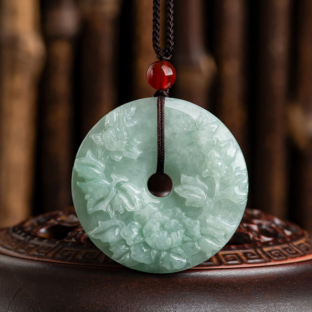 Buddha Stones Round Jade Peace Buckle Peony Flower Abundance Necklace Pendant Necklaces & Pendants BS 5