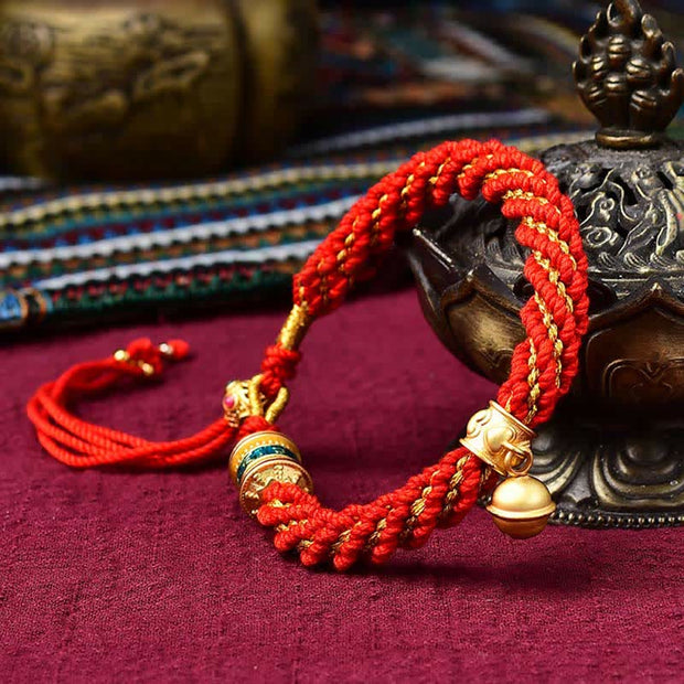 Buddha Stones Tibetan Handmade Luck Protection Thangka Prayer Wheel Bell Charm Braid String Bracelet Bracelet BS 3