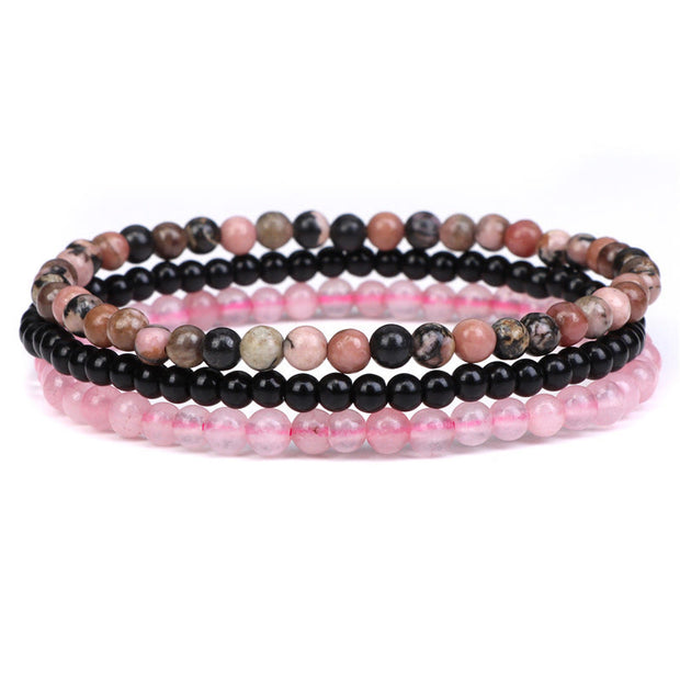 Buddha Stones 3Pcs Natural Crystal Stone Inner Peace Spiritual Bracelet Bracelet BS Rhodonite&Black Glass Beads&Pink Crystal(Wrist Circumference 15-19cm)